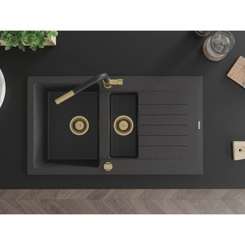 Mexen Matias granite sink 1.5-bowl with drainer and Flora kitchen faucet, black speckled - 6502-76-670401-57-G