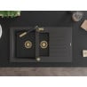 Mexen Matias 1.5-bowl granite sink with drainer and Flora kitchen faucet, black speckled - 6502-76-670401-57-G