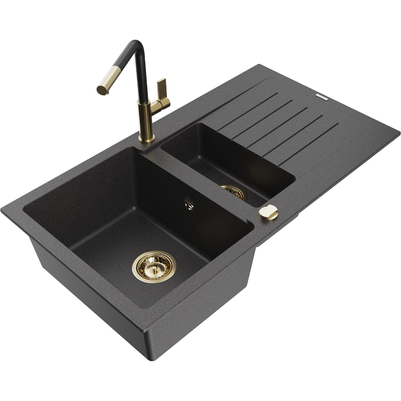 Mexen Matias 1.5-compartment granite sink with a drip tray and kitchen mixer tap Flora, spotted black - 6502-76-670401-57-G
