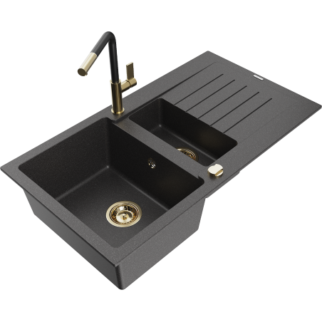 Mexen Matias 1.5-bowl granite sink with drainer and Flora kitchen faucet, black speckled - 6502-76-670401-57-G