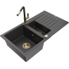 Mexen Matias 1.5-bowl granite sink with drainer and Flora kitchen faucet, black speckled - 6502-76-670401-57-G