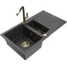 Mexen Matias granite sink 1.5-bowl with drainer and Flora kitchen faucet, black speckled - 6502-76-670401-57-G