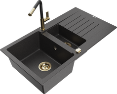 Mexen Matias granite sink 1.5-bowl with drainer and Flora kitchen faucet, black speckled - 6502-76-670401-57-G