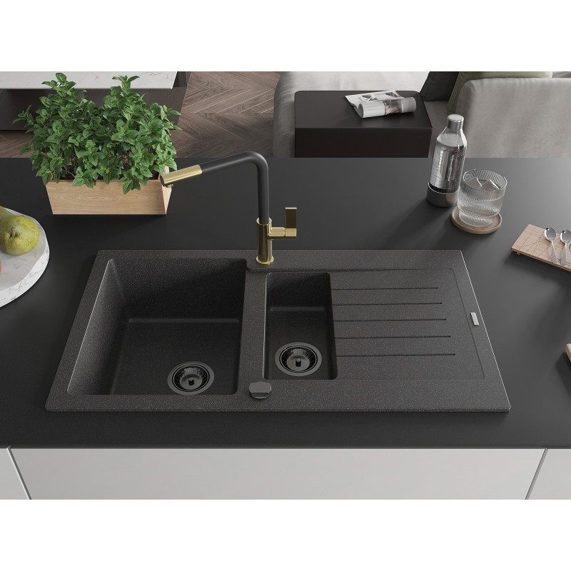 Mexen Matias 1.5-bowl granite sink with drainer and Flora kitchen faucet, speckled black - 6502-76-670401-57-B