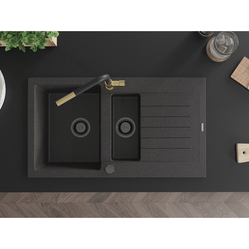 Mexen Matias granite sink 1.5-bowl with drainer and Flora kitchen tap, speckled black - 6502-76-670401-57-B