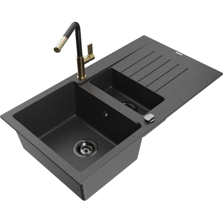 Mexen Matias 1.5-bowl granite sink with drainer and Flora kitchen faucet, speckled black - 6502-76-670401-57-B