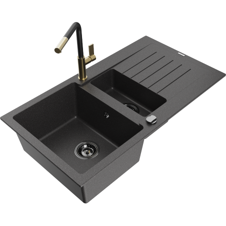Mexen Matias granite sink 1.5-bowl with drainer and Flora kitchen tap, speckled black - 6502-76-670401-57-B