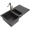 Mexen Matias 1.5-bowl granite sink with drainer and Flora kitchen faucet, speckled black - 6502-76-670401-57-B