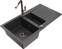 Mexen Matias granite sink 1.5-bowl with drainer and Flora kitchen faucet, black speckled - 6502-76-670401-57-B