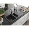 Mexen Matias 1.5-bowl granite sink with drainer and Flora kitchen tap, black speckled - 6502-76-670401-70-B