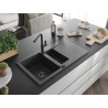 Mexen Matias granite sink 1.5-bowl with drainer and Flora kitchen faucet, speckled black - 6502-76-670401-70-B