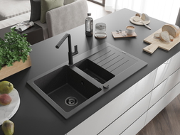 Mexen Matias 1.5-bowl granite sink with drainer and Flora kitchen tap, black speckled - 6502-76-670401-70-B