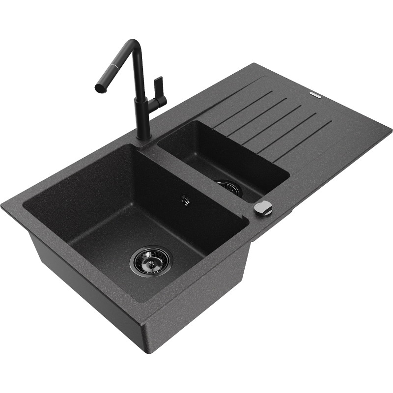 Mexen Matias granite sink 1.5-bowl with drainer and Flora kitchen faucet, speckled black - 6502-76-670401-70-B