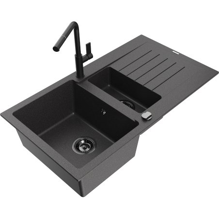 Mexen Matias granite sink 1.5-bowl with drainer and Flora kitchen faucet, speckled black - 6502-76-670401-70-B