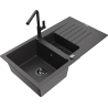 Mexen Matias granite sink 1.5-bowl with drainer and Flora kitchen faucet, black speckled - 6502-76-670401-70-B