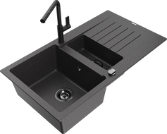 Mexen Matias 1.5-bowl granite sink with drainer and Flora kitchen tap, black speckled - 6502-76-670401-70-B