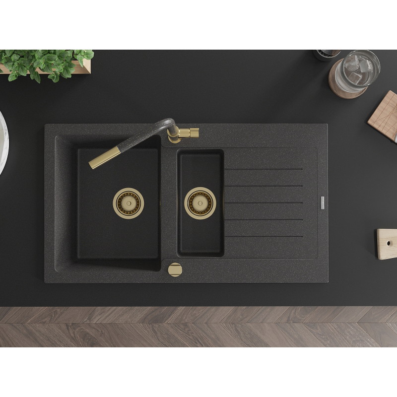 Mexen Matias 1.5-bowl granite sink with drainer and Flora kitchen faucet, black speckled - 6502-76-670401-75-G