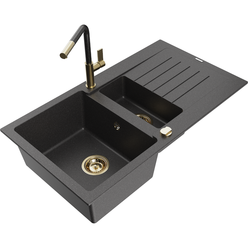 Mexen Matias 1.5-compartment granite sink with a drip tray and kitchen mixer tap Flora, spotted black - 6502-76-670401-75-G