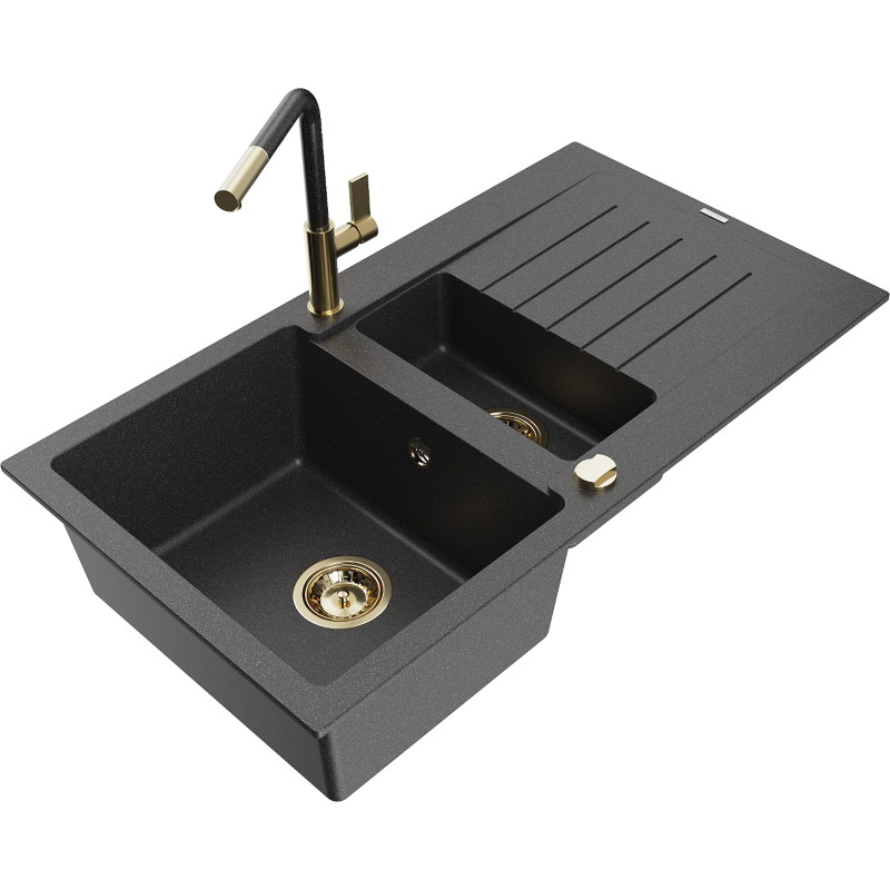 Mexen Matias granite sink 1.5-bowl with drainer and Flora kitchen faucet, black speckled - 6502-76-670401-75-G