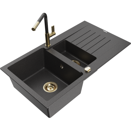 Mexen Matias granite sink 1.5-bowl with drainer and Flora kitchen faucet, black speckled - 6502-76-670401-75-G