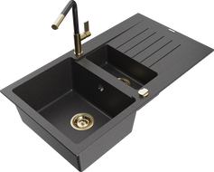 Mexen Matias 1.5-bowl granite sink with drainer and Flora kitchen faucet, black speckled - 6502-76-670401-75-G
