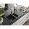 Mexen Matias 1.5-bowl granite sink with drainer and Flora kitchen faucet, black speckled - 6502-76-670401-75-B