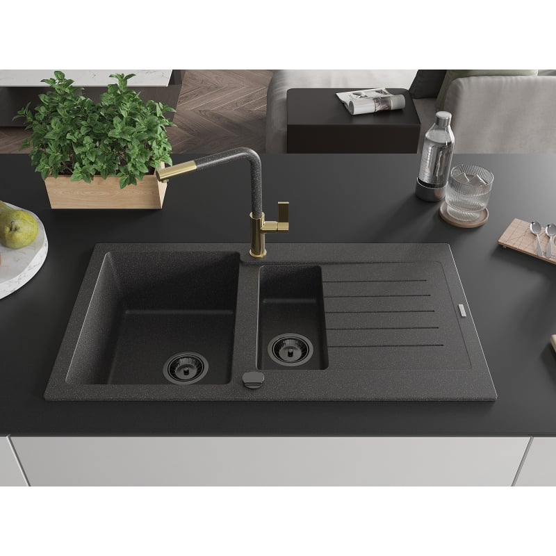 Mexen Matias 1.5-bowl granite sink with drainer and Flora kitchen faucet, black speckled - 6502-76-670401-75-B