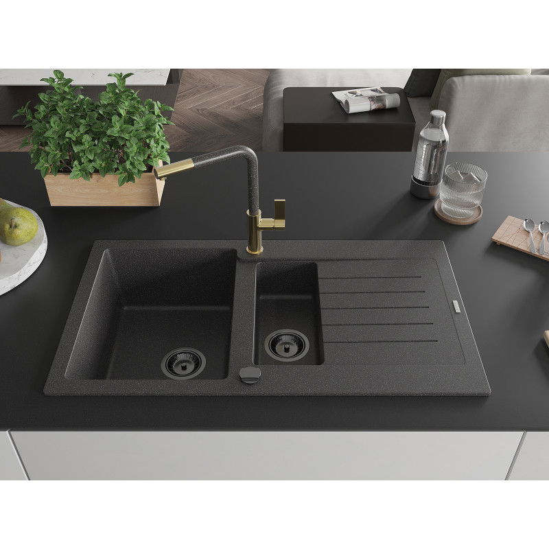 Mexen Matias granite sink 1.5-bowl with drainer and kitchen tap Flora, black speckled - 6502-76-670401-75-B