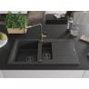 Mexen Matias 1.5-bowl granite sink with drainer and Flora kitchen faucet, black speckled - 6502-76-670401-75-B