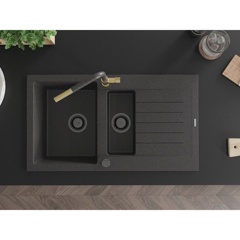 Mexen Matias granite sink 1.5-bowl with drainer and kitchen tap Flora, black speckled - 6502-76-670401-75-B