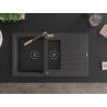 Mexen Matias 1.5-bowl granite sink with drainer and Flora kitchen faucet, black speckled - 6502-76-670401-75-B