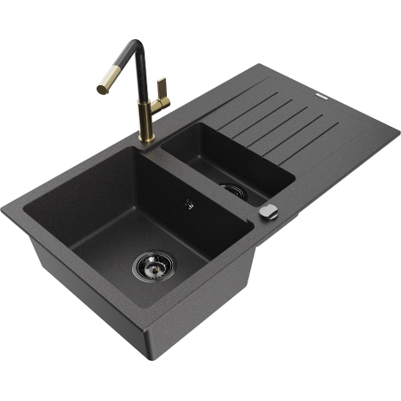Mexen Matias 1.5-bowl granite sink with drainer and Flora kitchen faucet, black speckled - 6502-76-670401-75-B