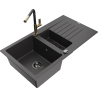 Mexen Matias granite sink 1.5-bowl with drainer and Flora kitchen faucet, black speckled - 6502-76-670401-75-B