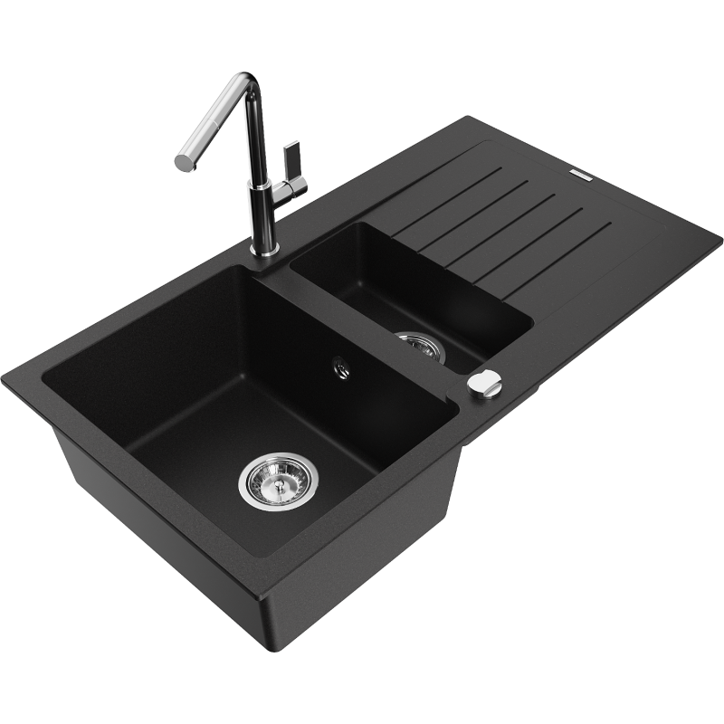 Mexen Matias 1.5-compartment granite sink with a drip tray and kitchen mixer tap Flora, Black - 6502-77-670401-00