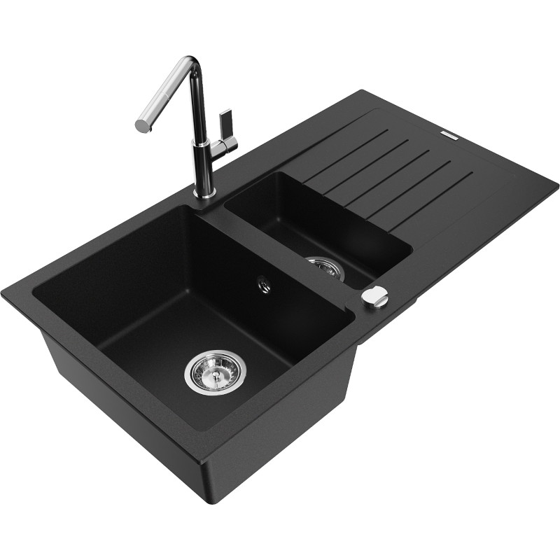 Mexen Matias granite kitchen sink 1.5-bowl with drainer and Flora kitchen faucet, black - 6502-77-670401-00