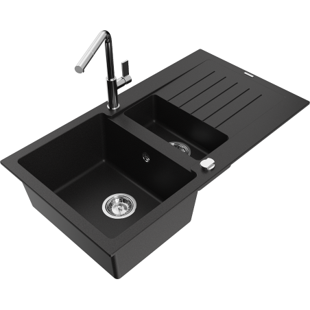 Mexen Matias 1.5-compartment granite sink with a drip tray and kitchen mixer tap Flora, Black - 6502-77-670401-00