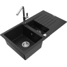 Mexen Matias 1.5-bowl granite sink with drainer and Flora kitchen tap, black - 6502-77-670401-00