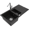 Mexen Matias 1.5-compartment granite sink with a drip tray and kitchen mixer tap Flora, Black - 6502-77-670401-00