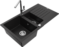 Mexen Matias granite kitchen sink 1.5-bowl with drainer and Flora kitchen faucet, black - 6502-77-670401-00