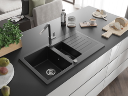 Mexen Matias 1.5-compartment granite sink with a drip tray and kitchen mixer tap Flora, Black - 6502-77-670401-07