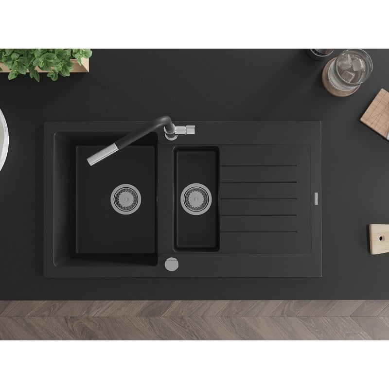 Mexen Matias granite sink 1.5-bowl with drainer and Flora kitchen faucet, black - 6502-77-670401-07