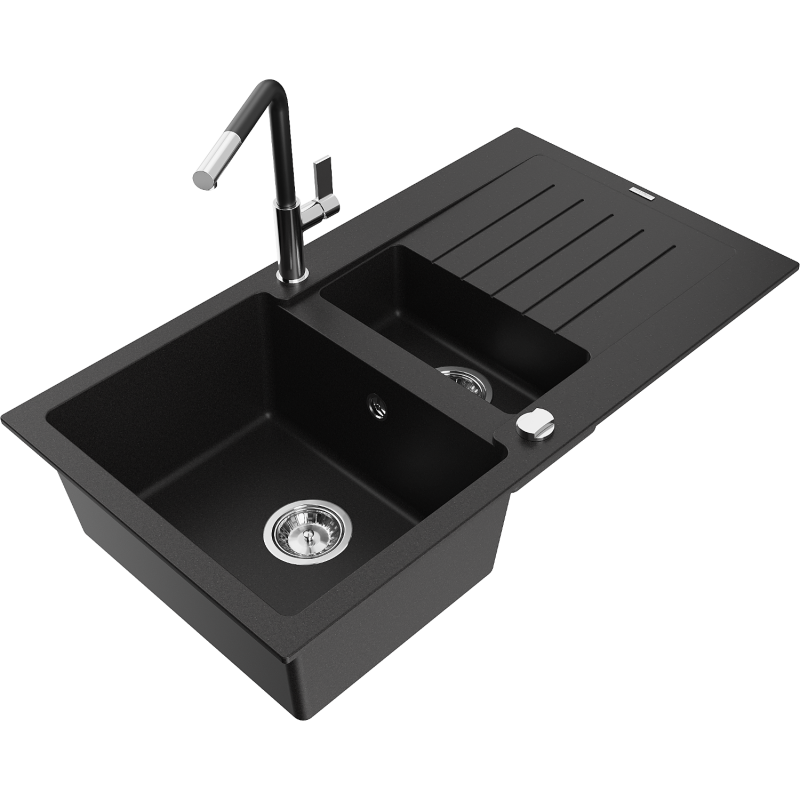 Mexen Matias 1.5-compartment granite sink with a drip tray and kitchen mixer tap Flora, Black - 6502-77-670401-07
