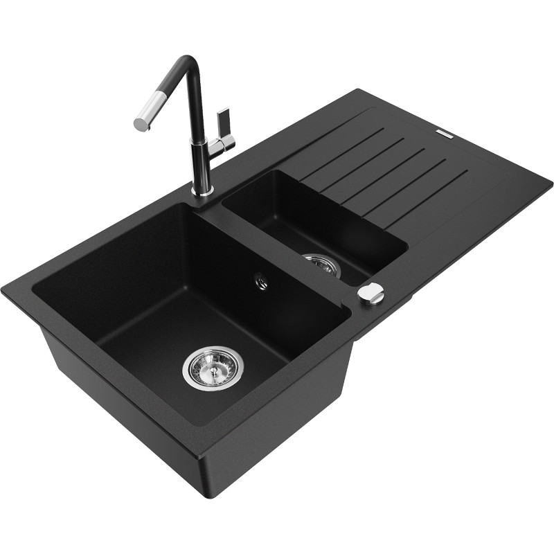 Mexen Matias granite kitchen sink 1.5-bowl with drainer and Flora kitchen faucet, black - 6502-77-670401-07