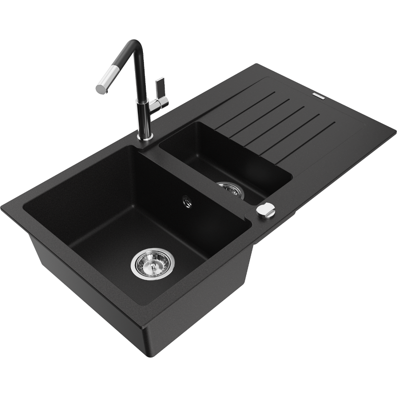 Mexen Matias granite sink 1.5-bowl with drainer and Flora kitchen tap, black - 6502-77-670401-07