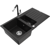Mexen Matias 1.5-compartment granite sink with a drip tray and kitchen mixer tap Flora, Black - 6502-77-670401-07