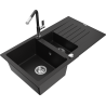 Mexen Matias granite sink 1.5-bowl with drainer and Flora kitchen faucet, black - 6502-77-670401-07