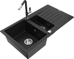 Mexen Matias 1.5-compartment granite sink with a drip tray and kitchen mixer tap Flora, Black - 6502-77-670401-07