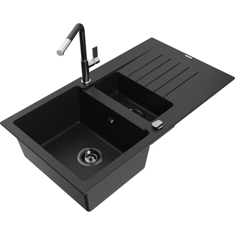 Mexen Matias 1.5-compartment granite sink with a drip tray and kitchen mixer tap Flora, Black - 6502-77-670401-07-B