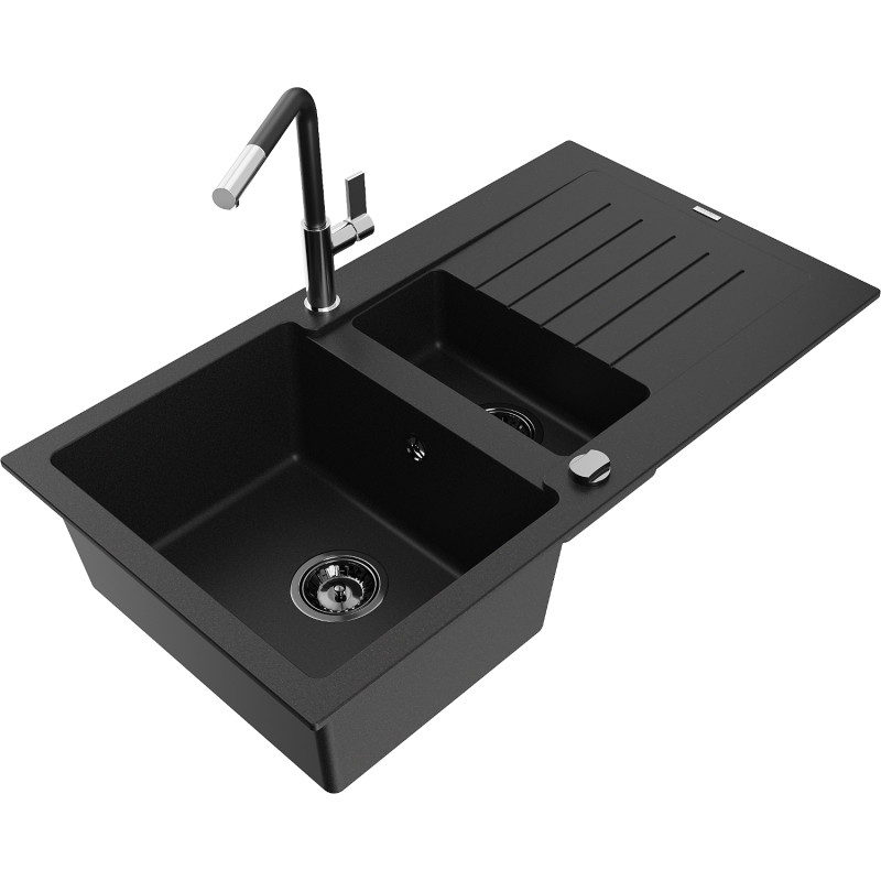 Mexen Matias granite kitchen sink 1.5-bowl with drainer and Flora kitchen faucet, black - 6502-77-670401-07-B