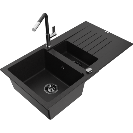 Mexen Matias 1.5-bowl granite sink with drainer and Flora kitchen mixer, black - 6502-77-670401-07-B